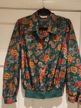 Vintage Judy Bond Paisley Floral Satin Bomber Top - Green